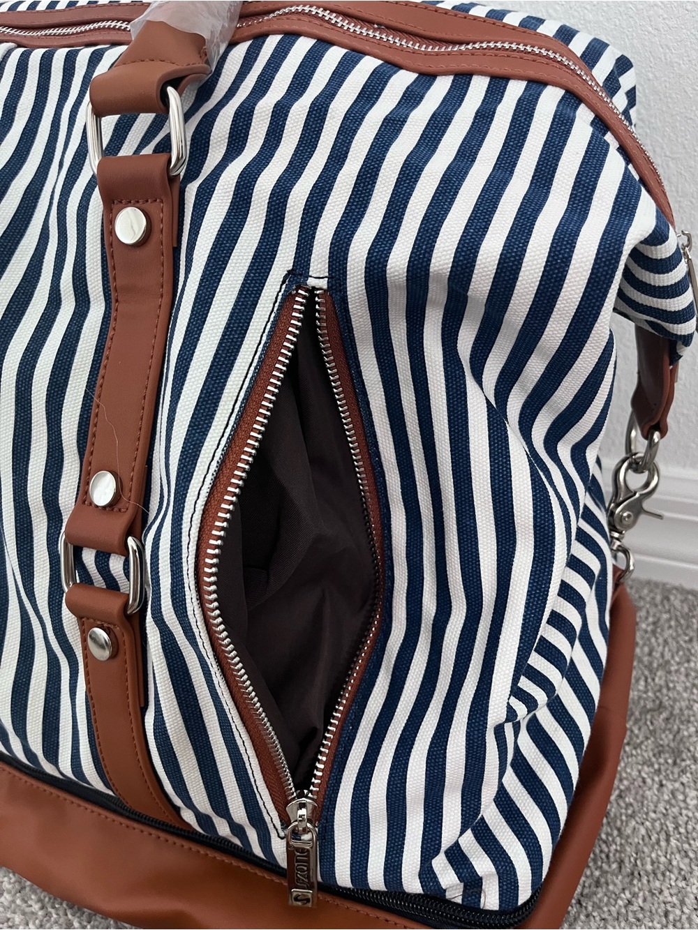 Striped Navy and White Travel Weekender Bag with Brown Leather Trim - Picture 4 of 8
